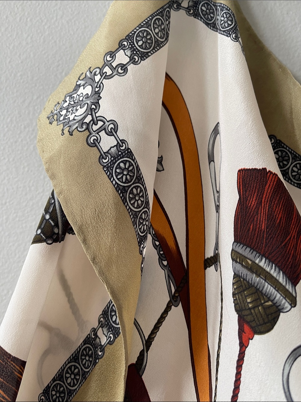 Vintage Silk-Feel Tassel & Tack Print Scarf - Ivory, Rust, Olive - Picture 4 of 7